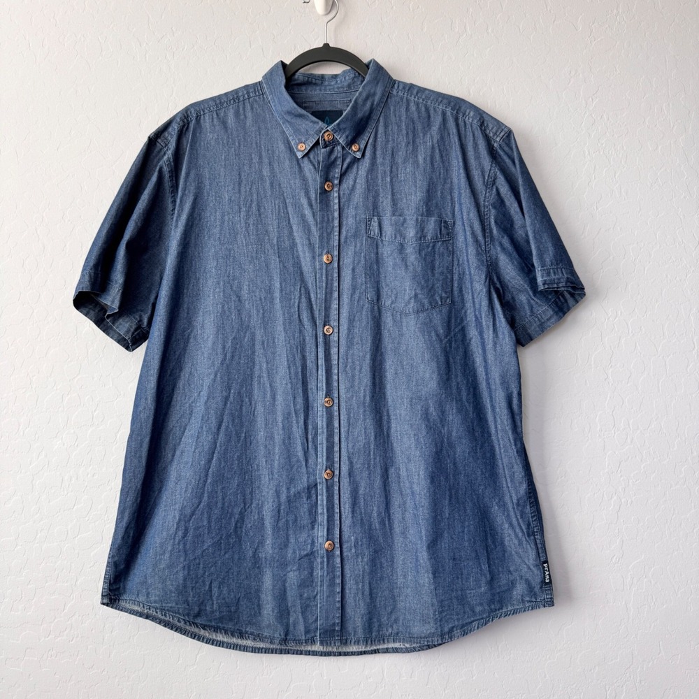 Prana Denim Shirt Organic Cotton Button Down Short Sleeve Casual XL‎